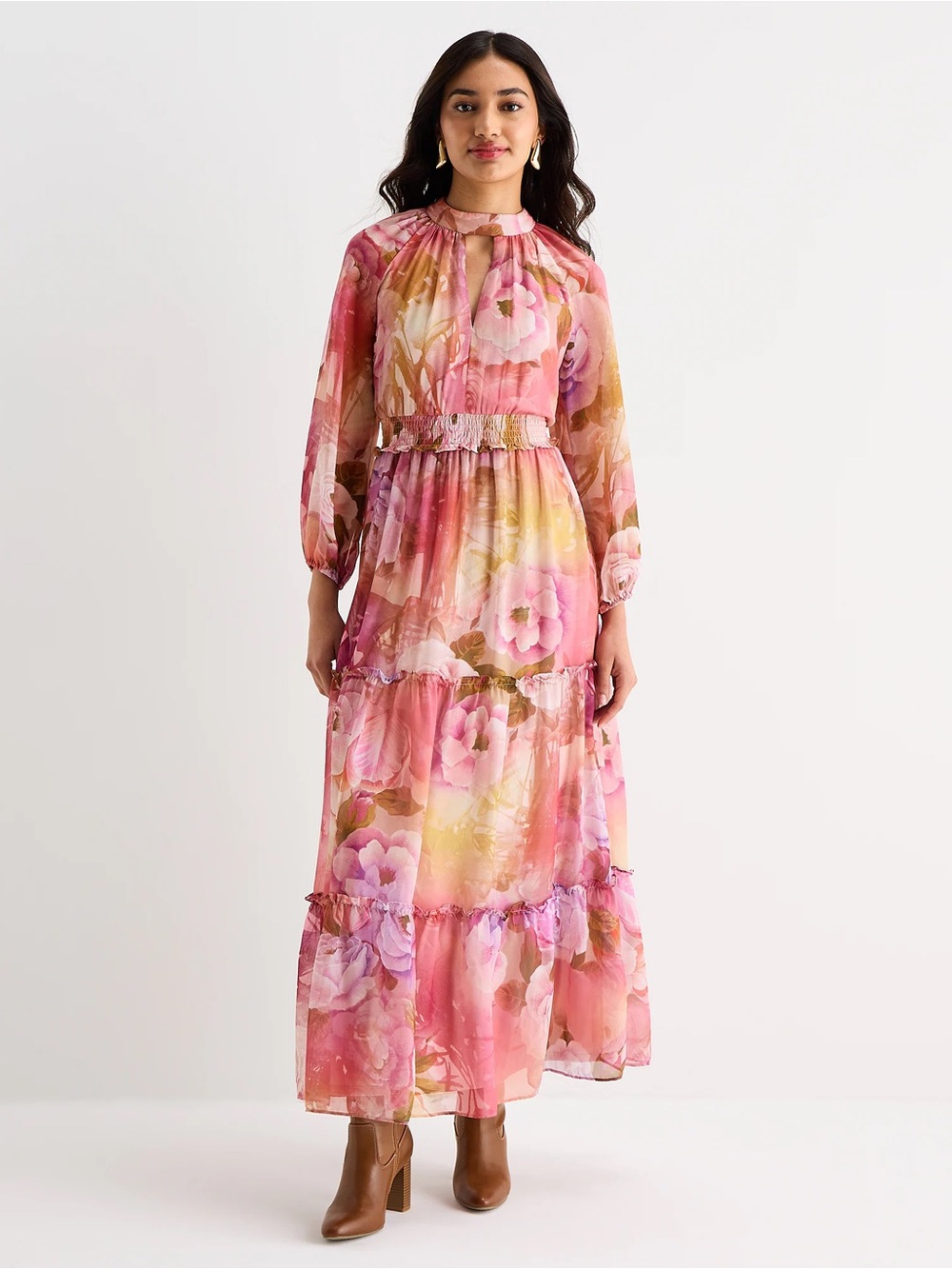 Melonie T Pink Floral Chiffon Tiered Maxi Dress Smocked Long Sleeve 20W